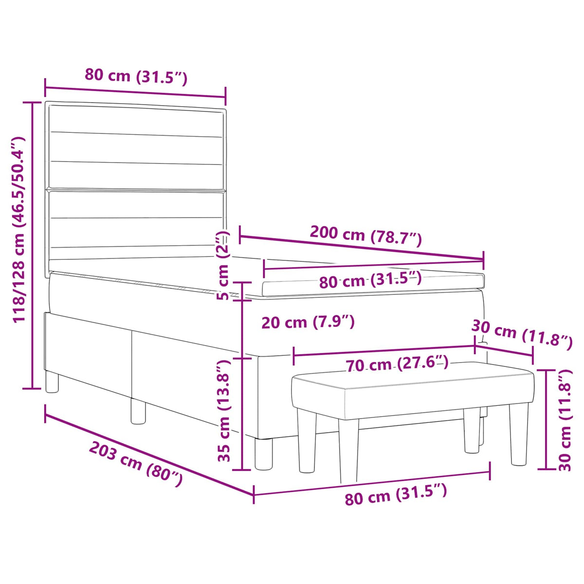 Box spring seng med hovedgærde Lysegrå 80 x 200 cm Stof