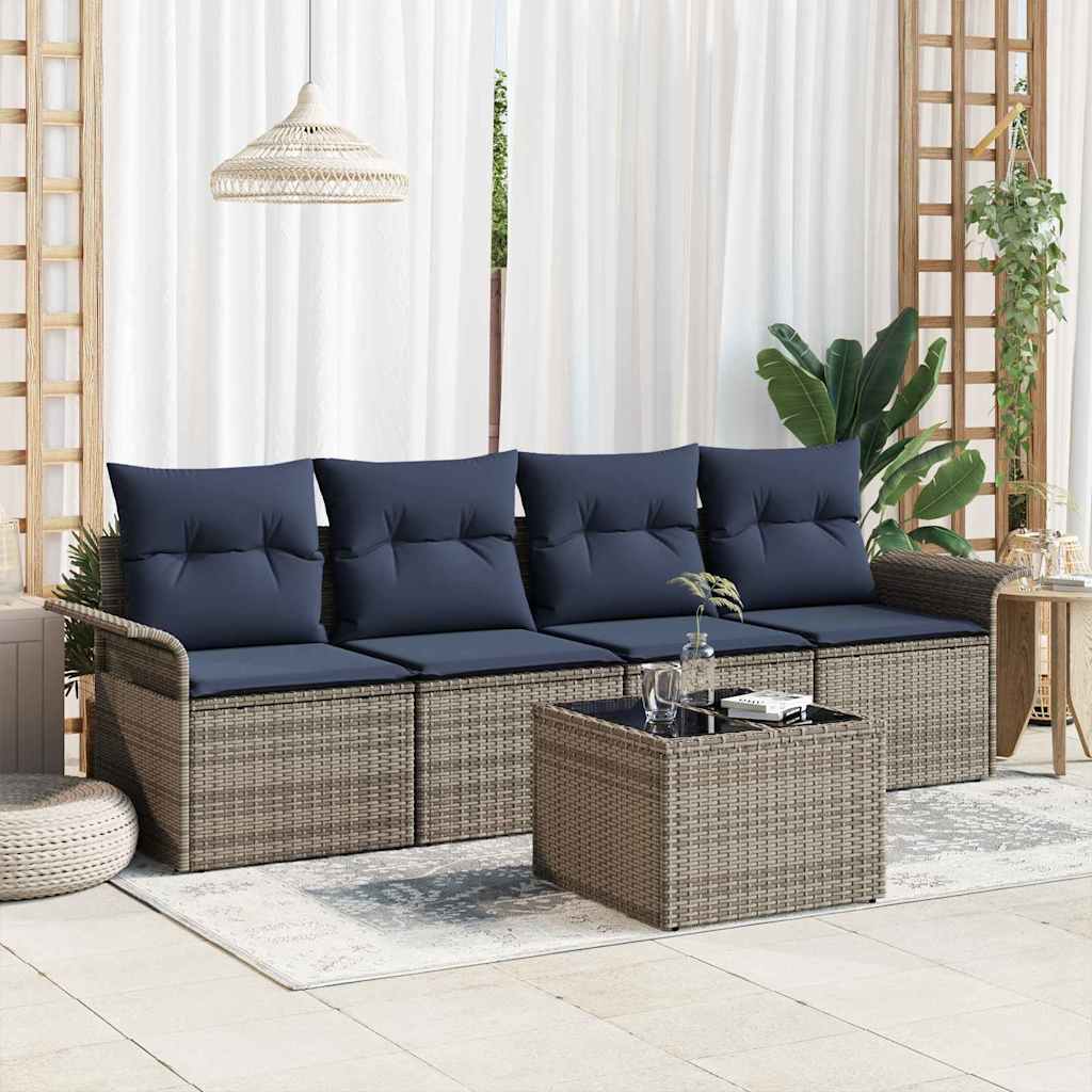 Havesofa Sæt 5 stk. Grå og Marineblå polyrattan
