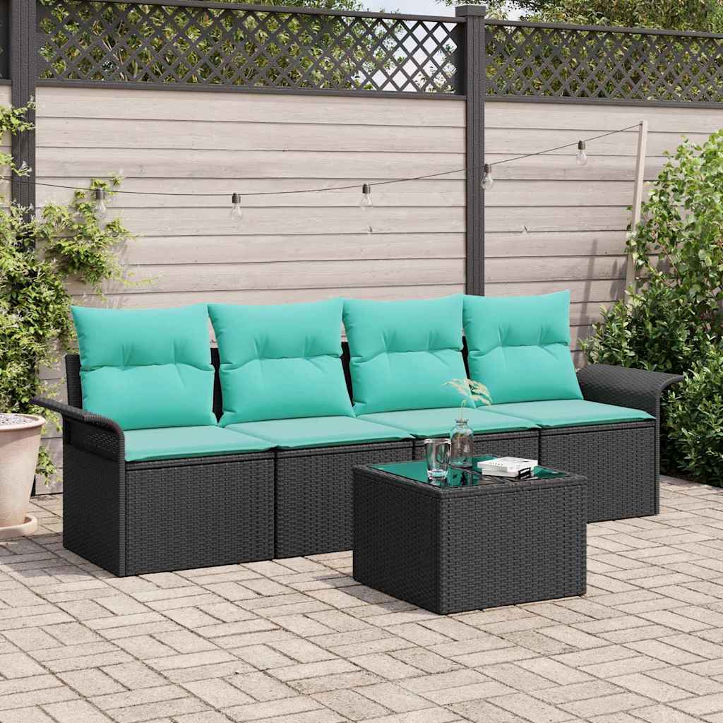 Havesofa Sæt 5 stk. Sort og turkis polyrattan