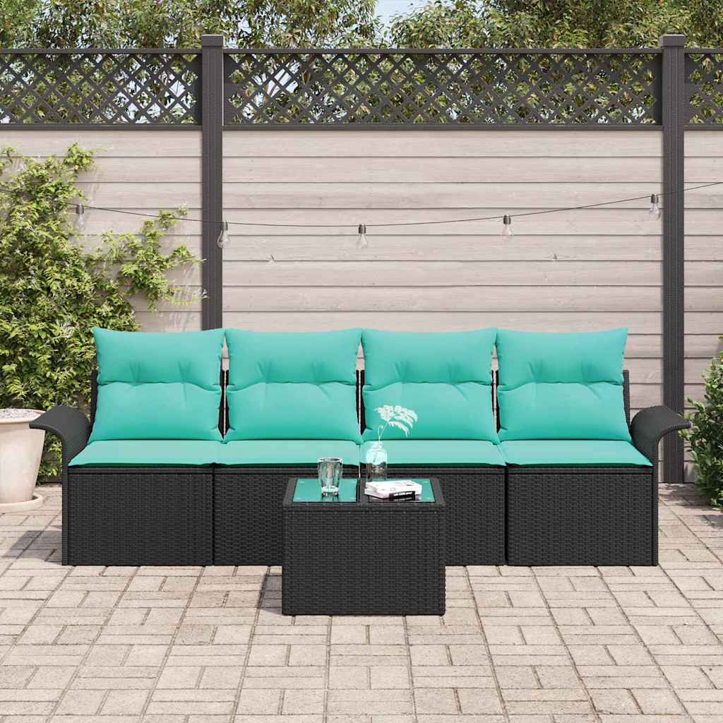 Havesofa Sæt 5 stk. Sort og turkis polyrattan