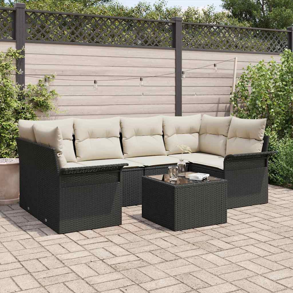 Havesofa Sæt 7 pcs 6-Seater Sort og Cream polyrattan