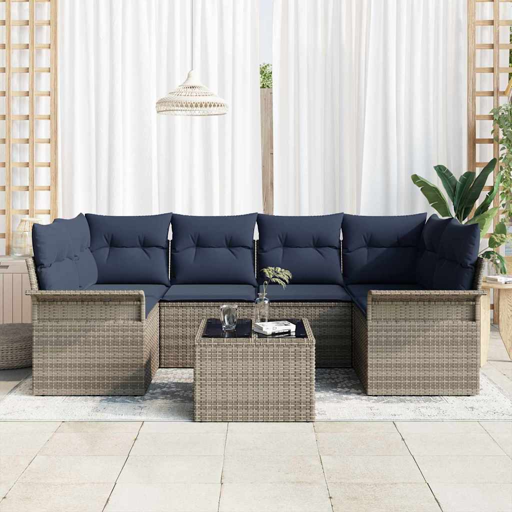 Havesofa Sæt 7 stk. Grå og Marineblå polyrattan