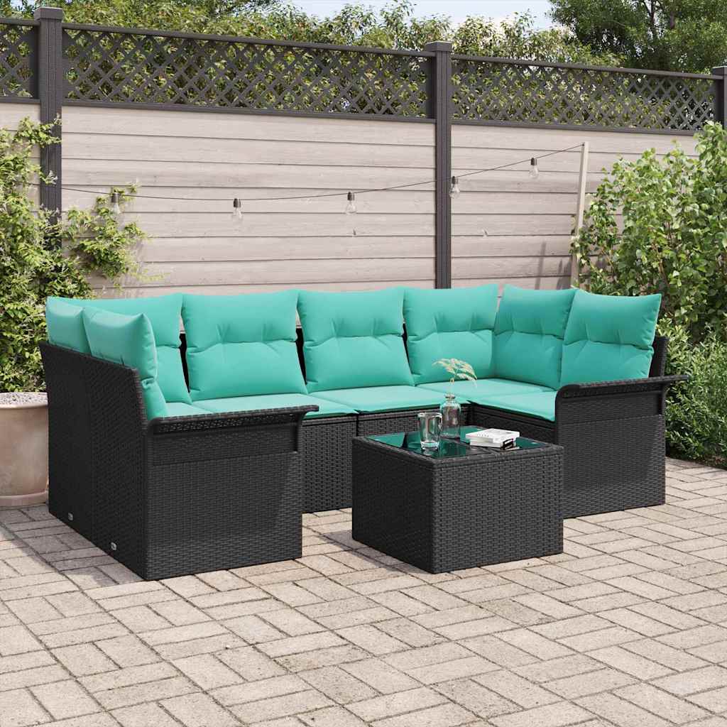 Havesofa Sæt 7 stk. Sort og turkis polyrattan