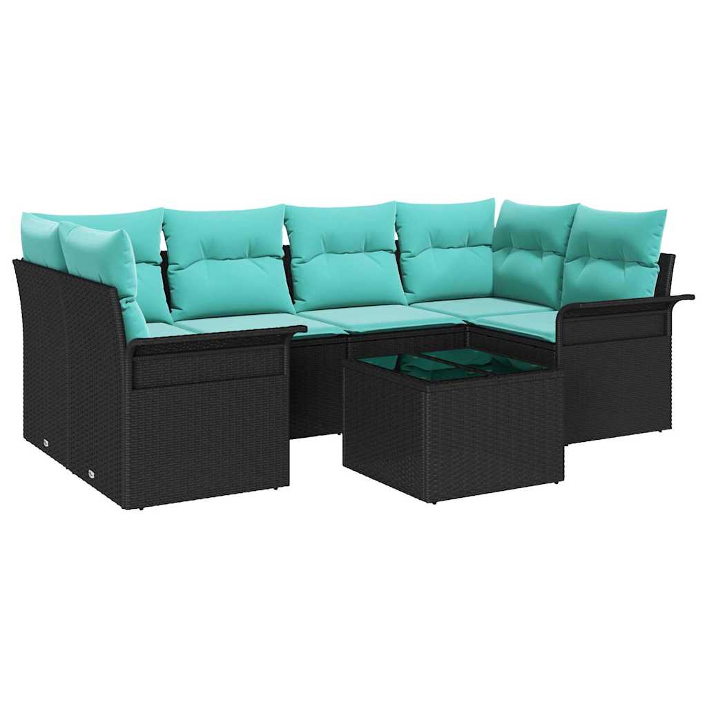 Havesofa Sæt 7 stk. Sort og turkis polyrattan