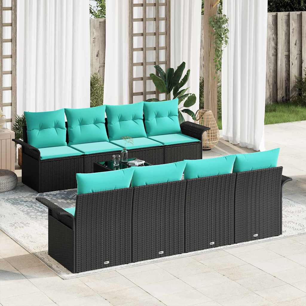 Havesofa Sæt 9 stk. Sort og turkis polyrattan