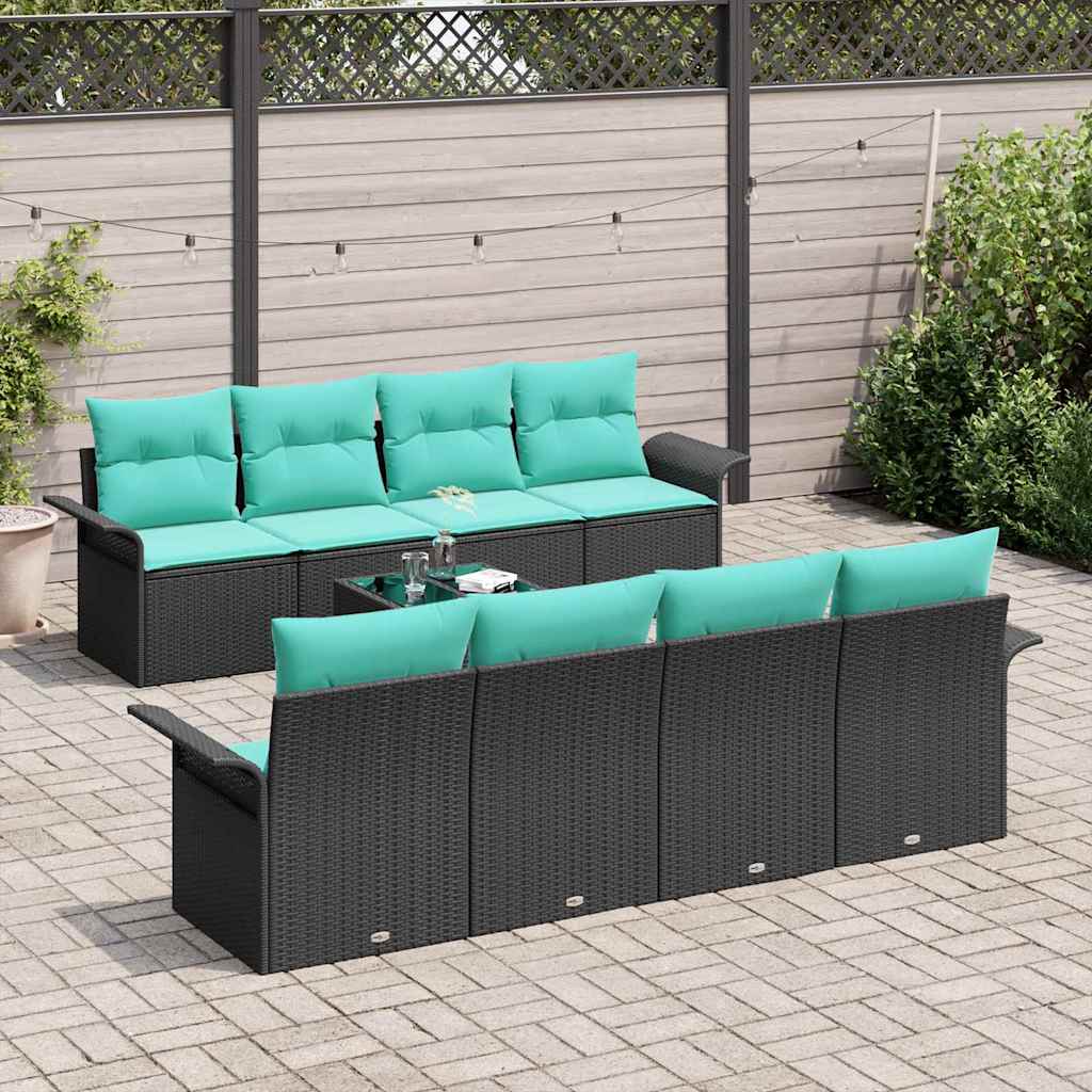 Havesofa Sæt 9 stk. Sort og turkis polyrattan