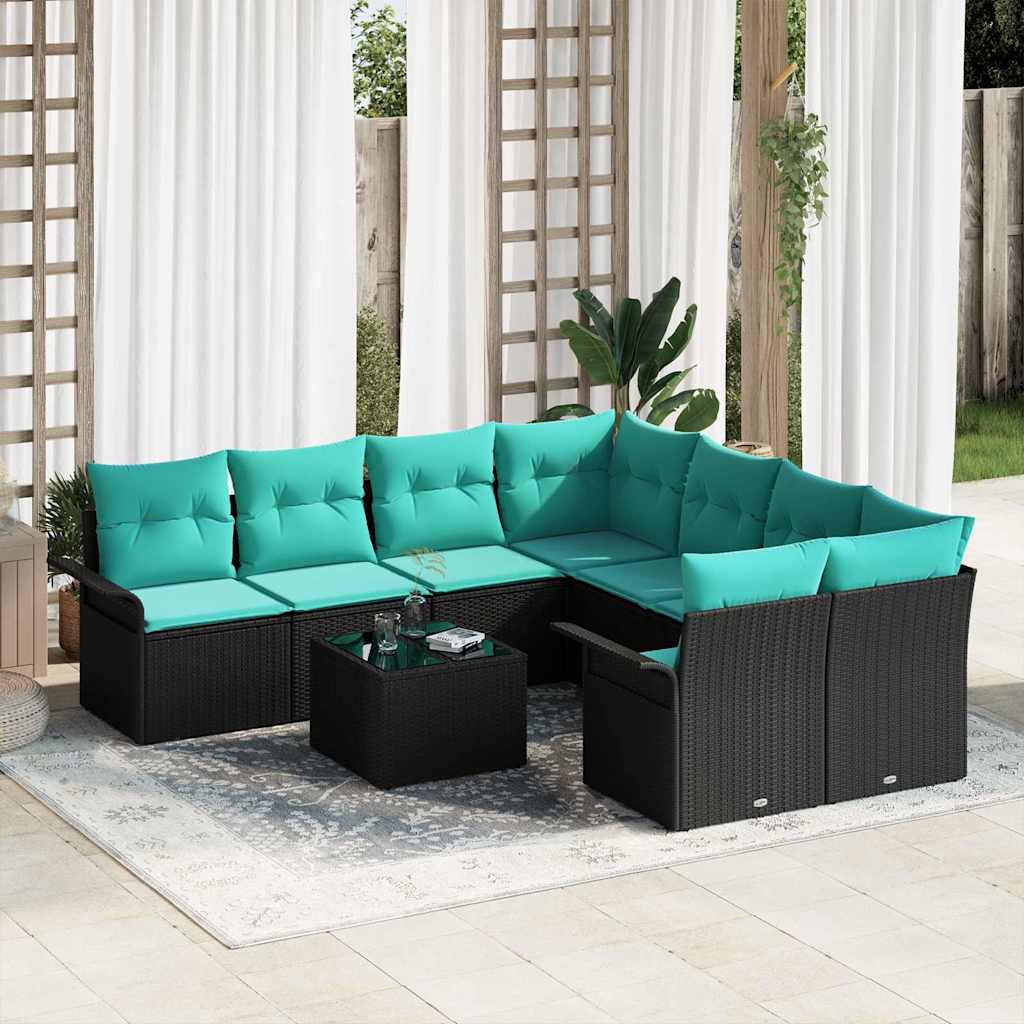 Havesofa Sæt 9 stk. Sort og turkis polyrattan