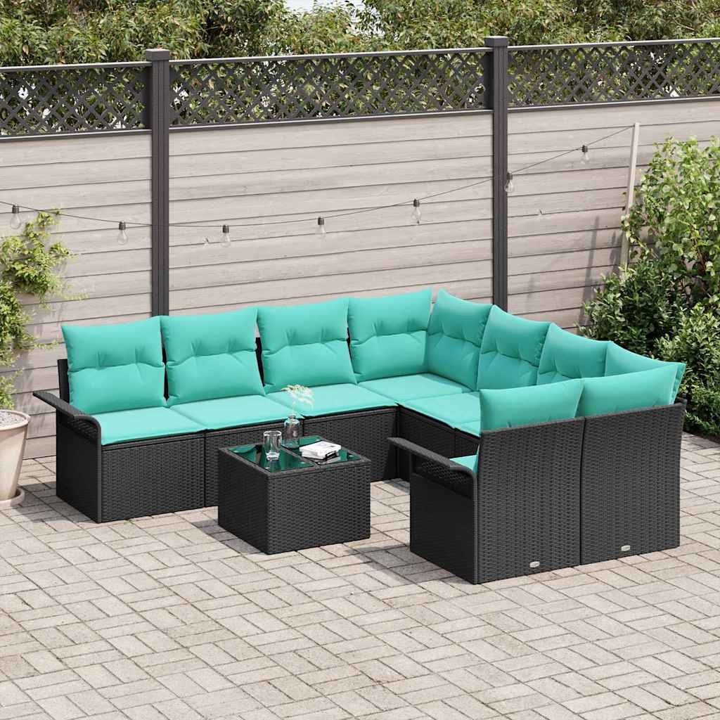 Havesofa Sæt 9 stk. Sort og turkis polyrattan