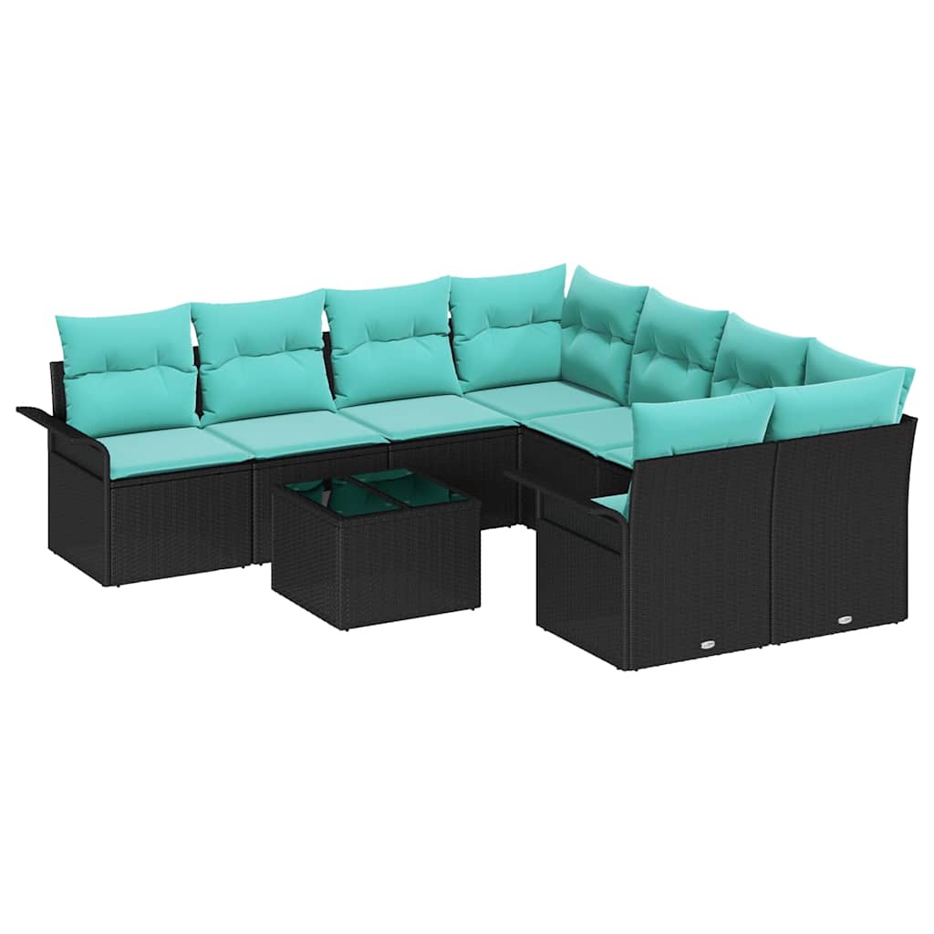 Havesofa Sæt 9 stk. Sort og turkis polyrattan