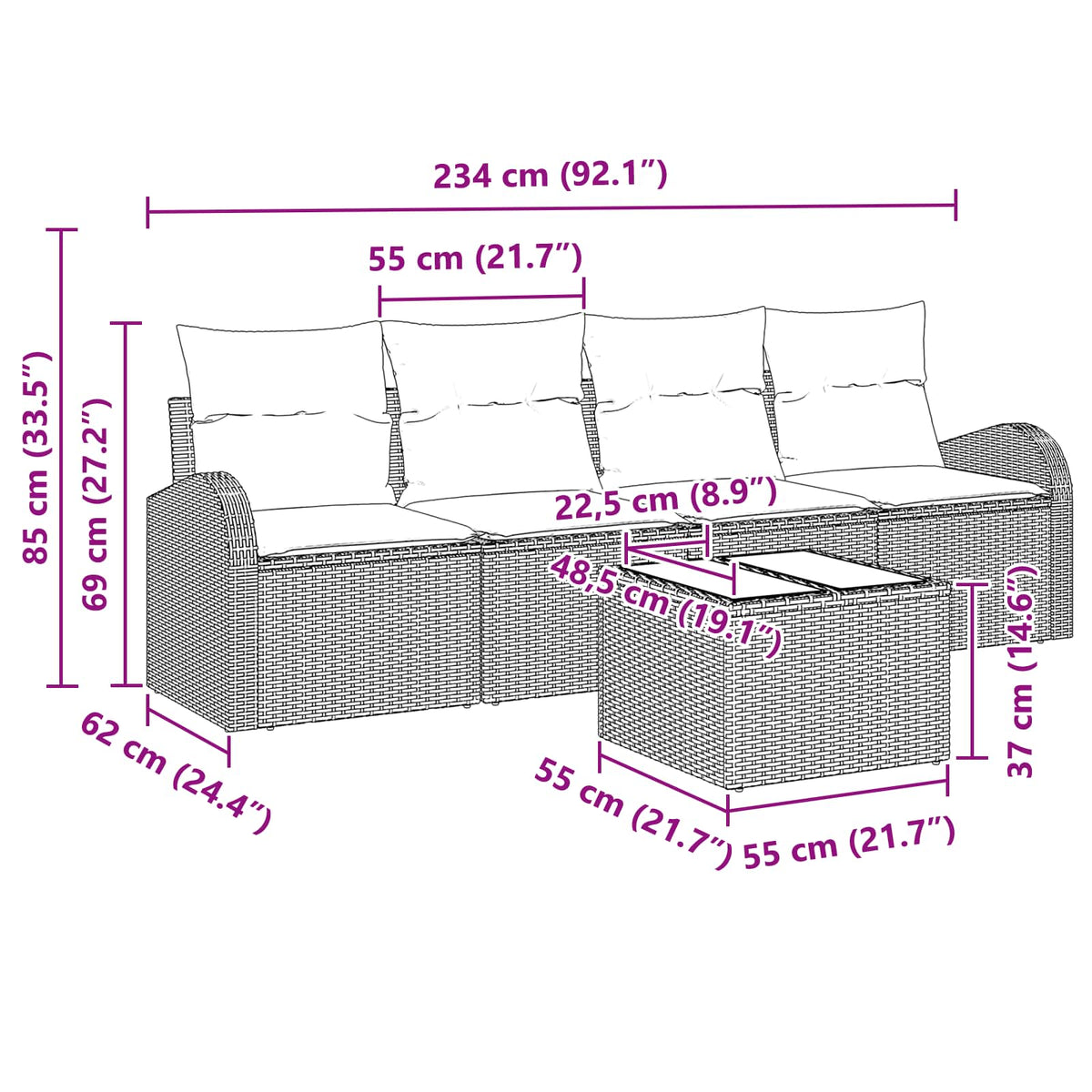 Havesofa Sæt 5 stk. 4-Antal sæder Beige og Rød polyrattan