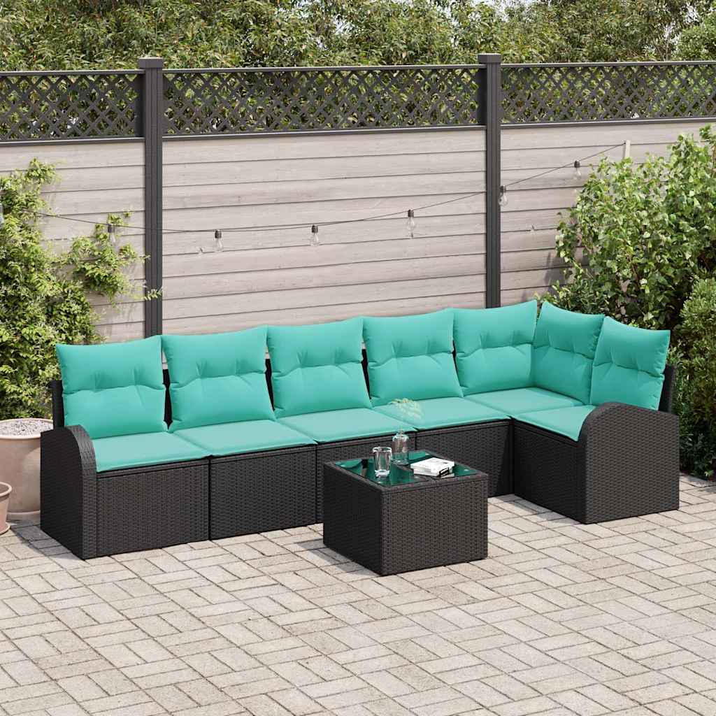 Havesofa Sæt 7 stk. Sort og turkis polyrattan
