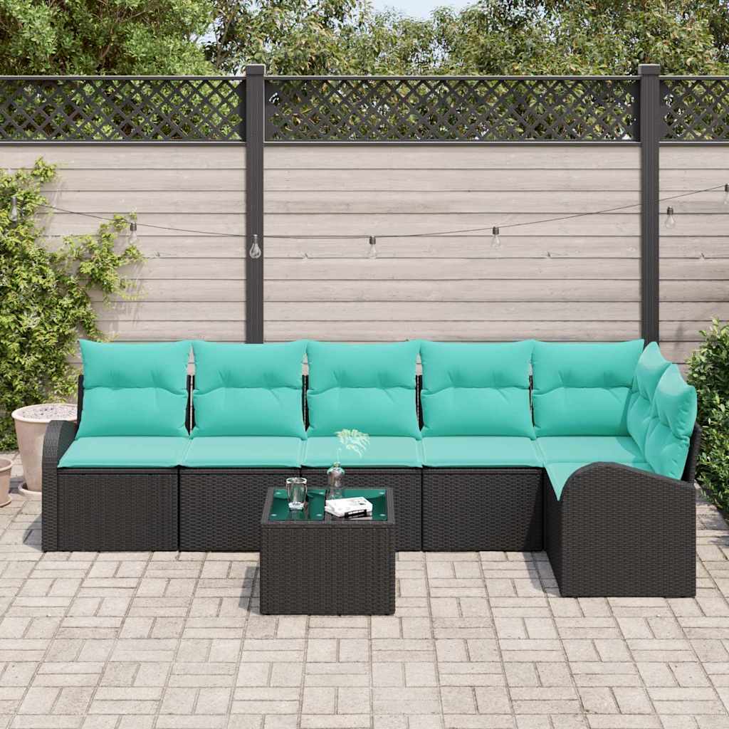Havesofa Sæt 7 stk. Sort og turkis polyrattan