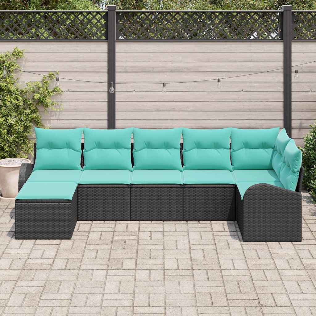 Sofa Sæt 7 stk. Sort og turkis polyrattan