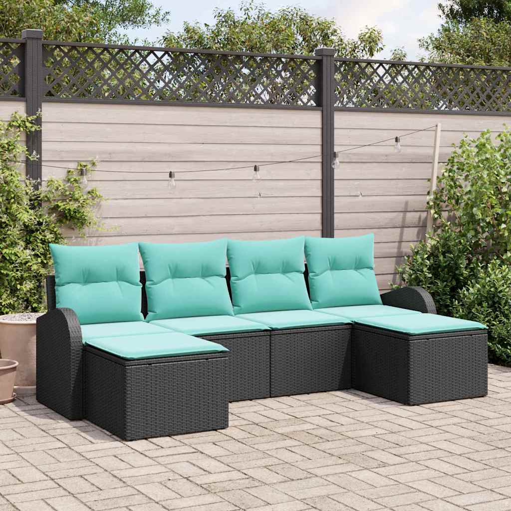 Sofa Sæt 6 stk. Sort og turkis polyrattan