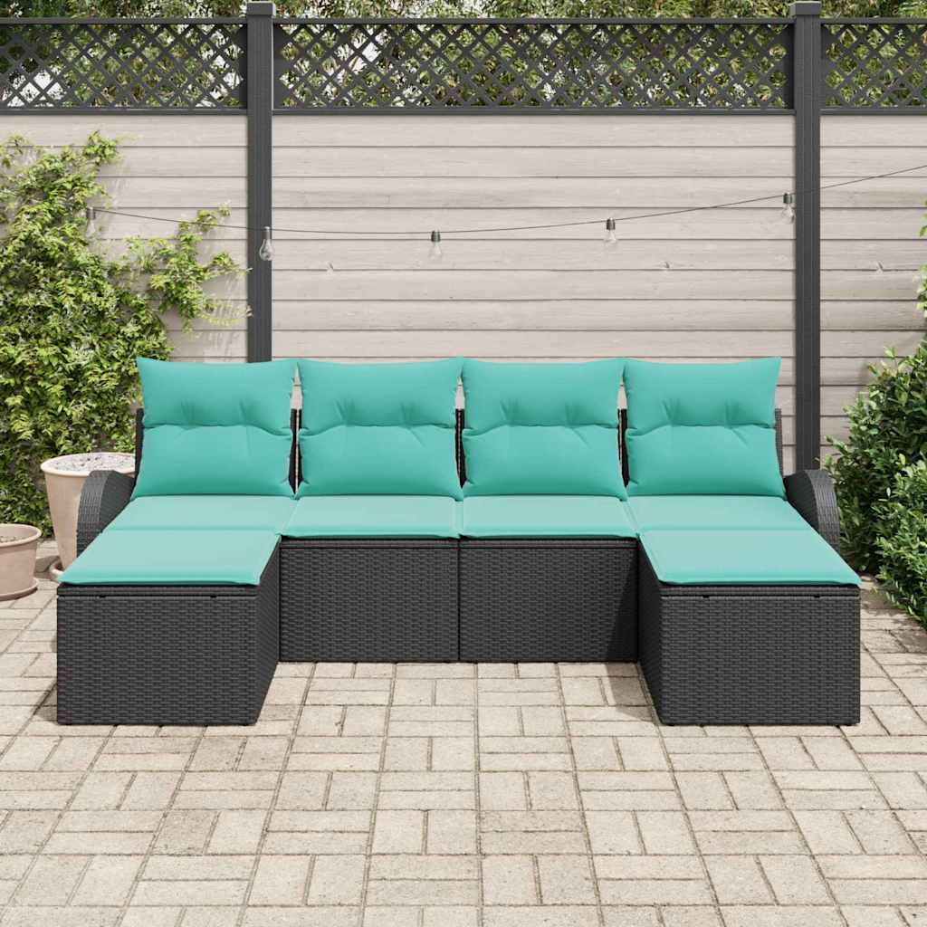 Sofa Sæt 6 stk. Sort og turkis polyrattan
