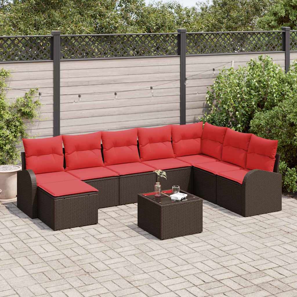 Sofa Sæt 9 stk. Brun og Rød polyrattan