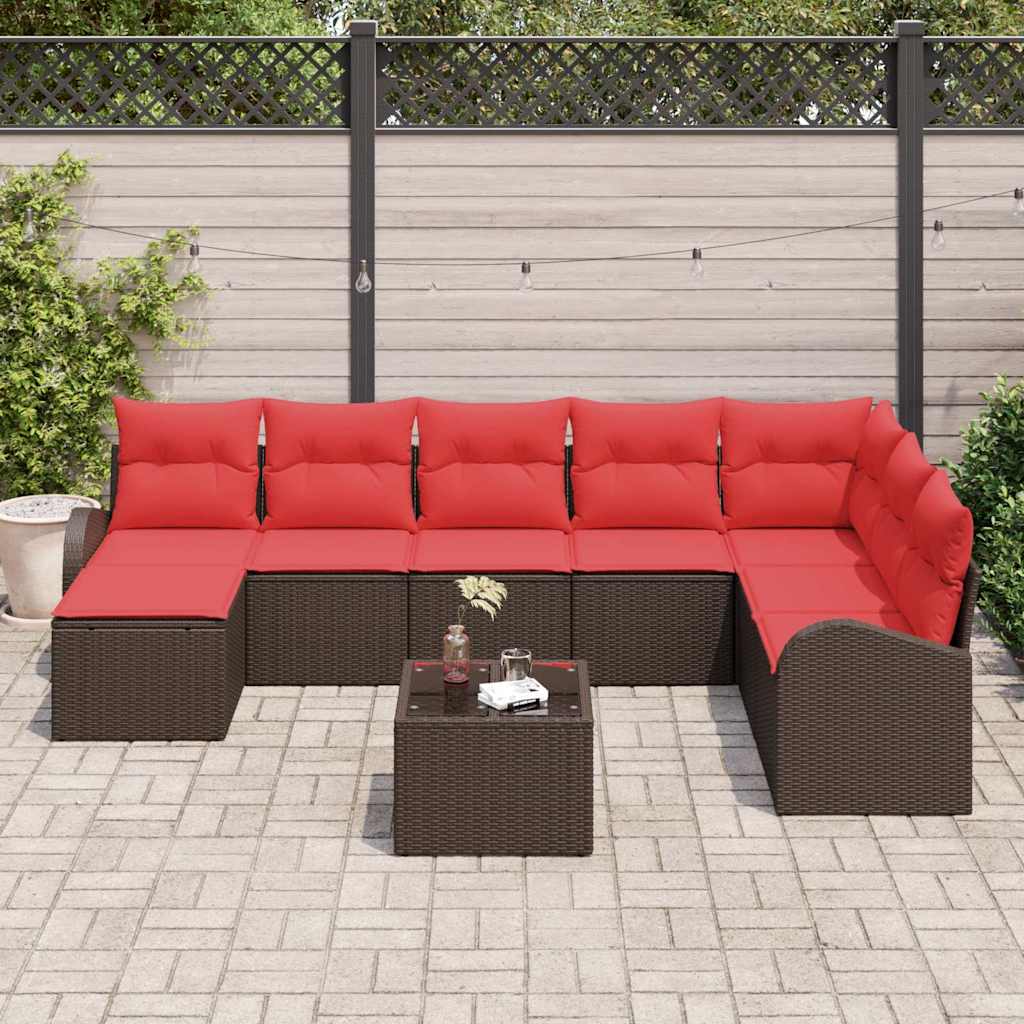 Sofa Sæt 9 stk. Brun og Rød polyrattan