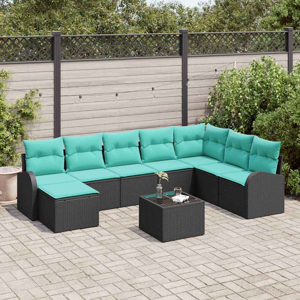 Sofa Sæt 9 stk. Sort og turkis polyrattan