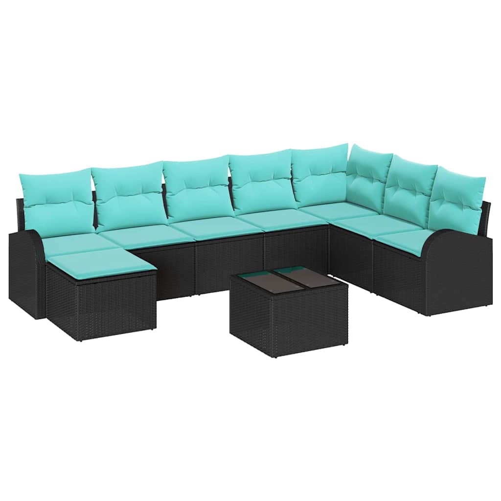 Sofa Sæt 9 stk. Sort og turkis polyrattan