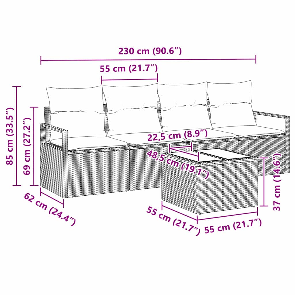 Sofa Sæt 5 stk. 4-Antal sæder Sort polyrattan