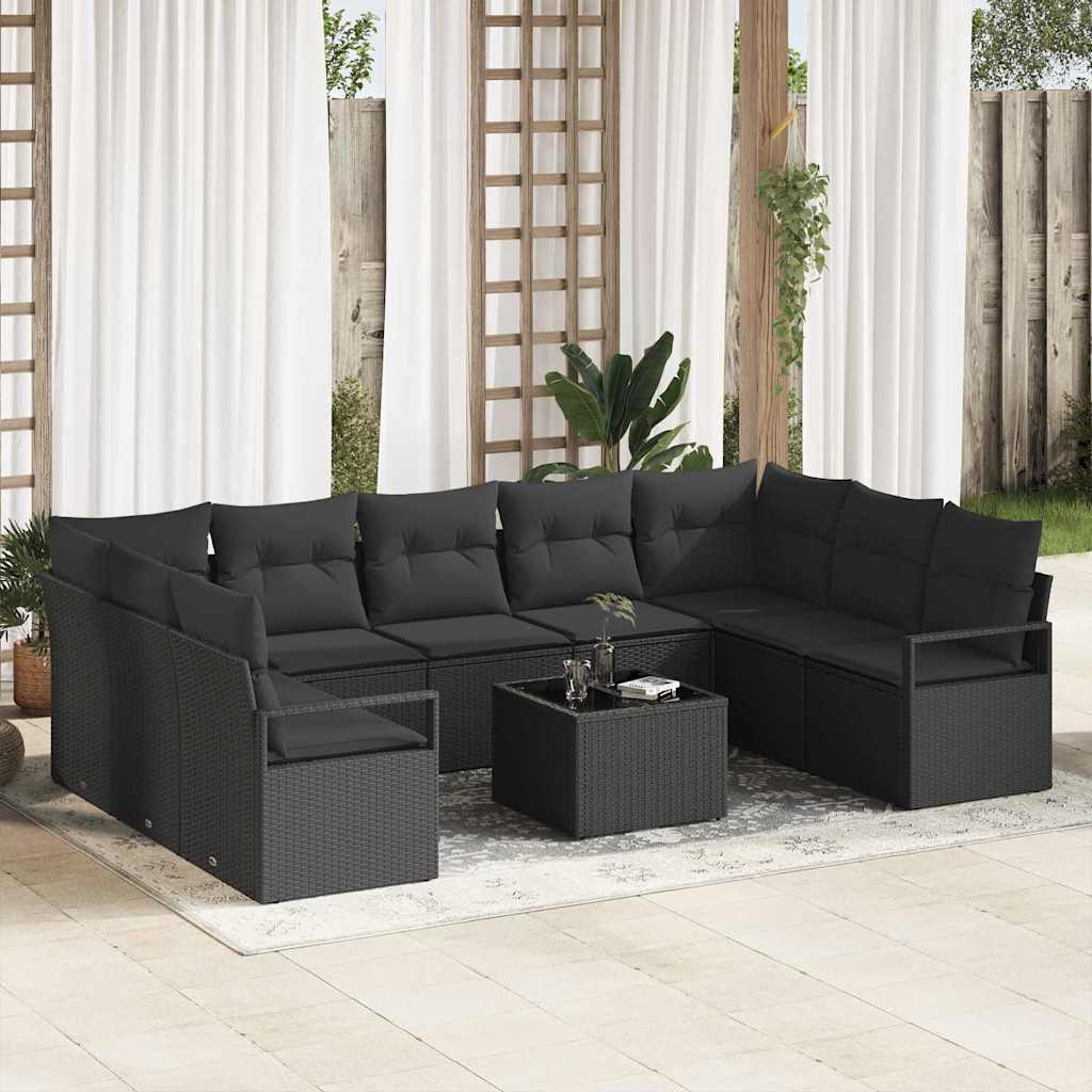 Havesofa Sæt 10 stk. Sort polyrattan