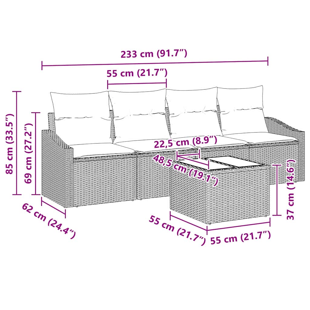 Sofa Sæt 5 stk. Sort og Cream polyrattan