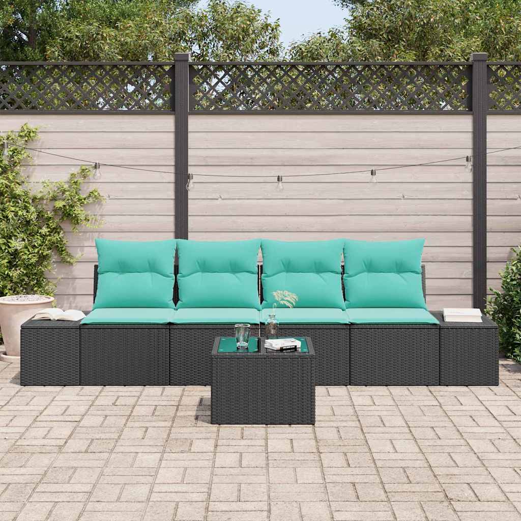 Havesofa Sæt 5 stk. Sort og turkis polyrattan