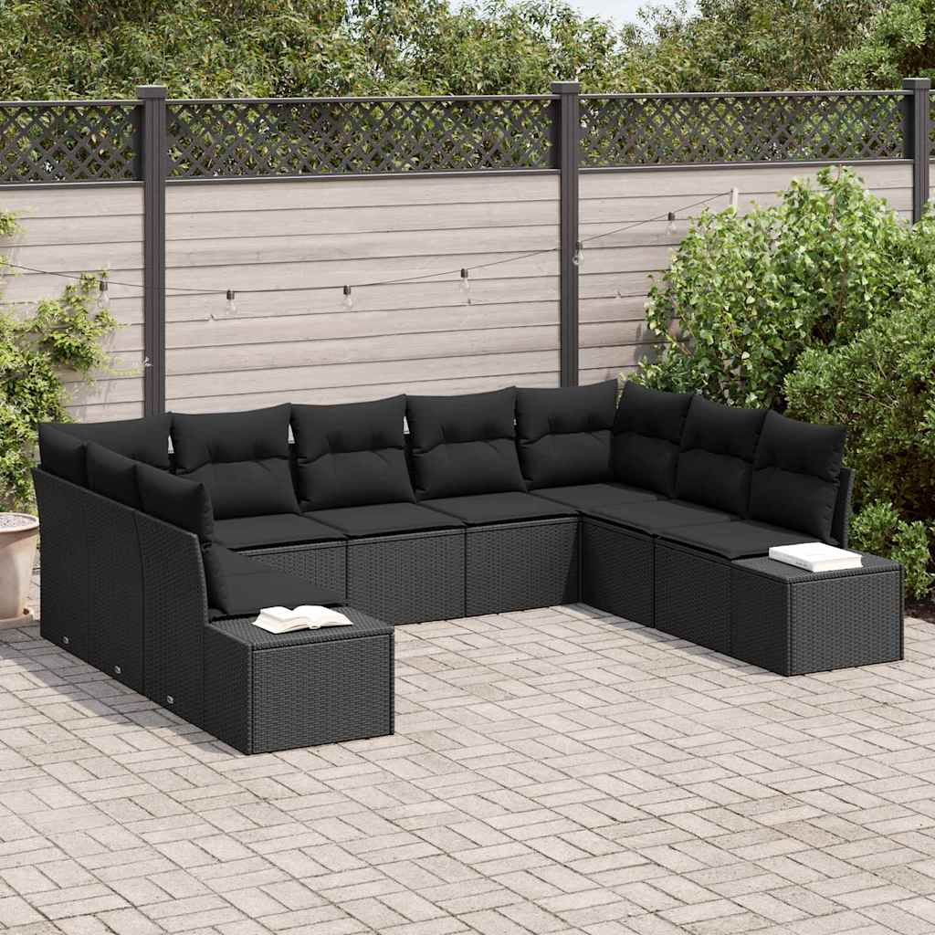 Havesofa Sæt 9 stk. 8-Antal sæder Sort Polyrattan