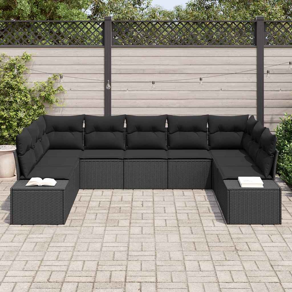 Havesofa Sæt 9 stk. 8-Antal sæder Sort Polyrattan
