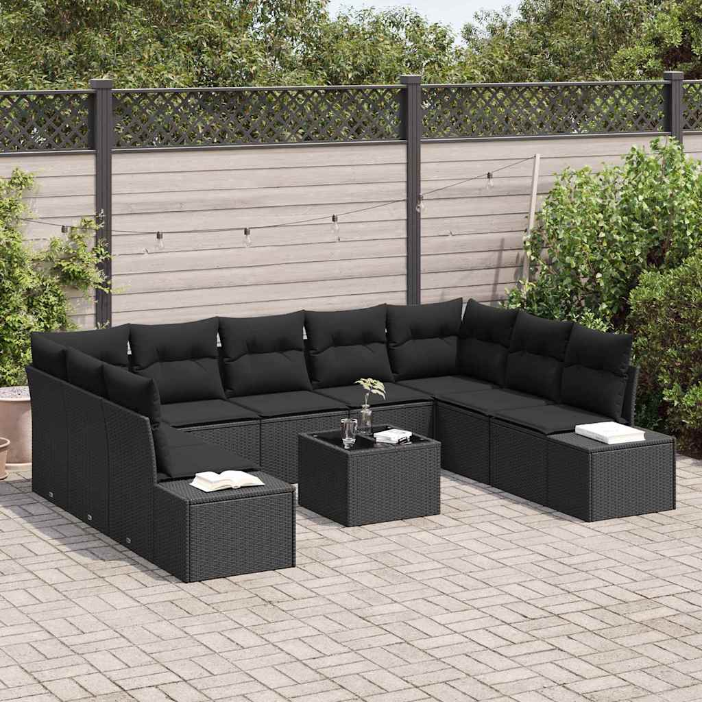 Havesofa Sæt 9 stk. 8-Antal sæder Sort Polyrattan