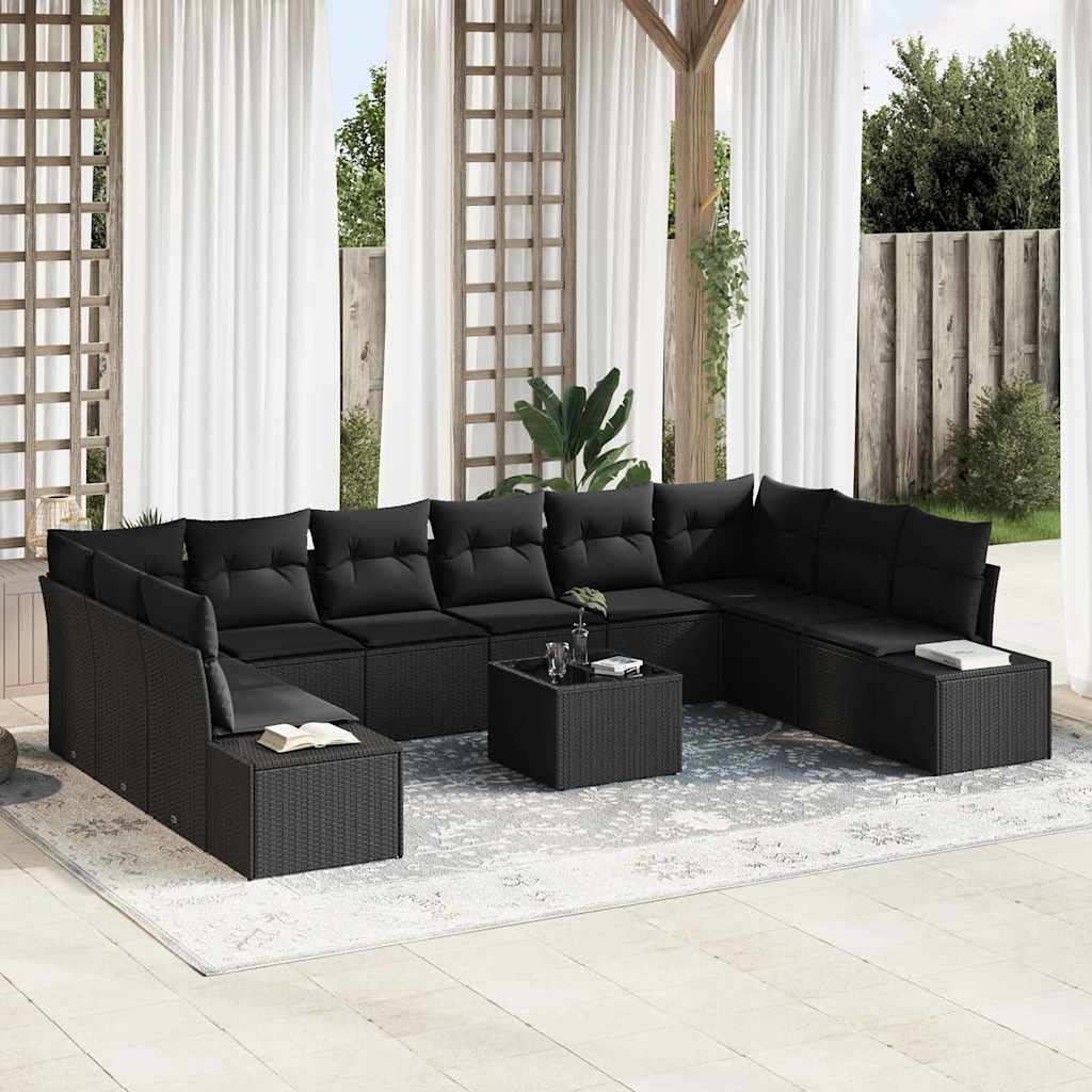 Havesofa Sæt 10 stk. 9-Antal sæder Sort Polyrattan