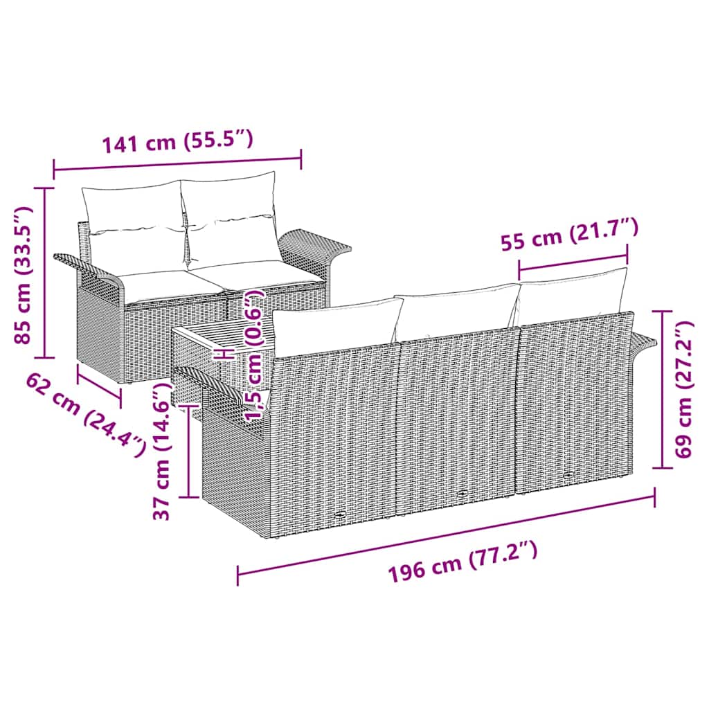 Havesofa Sæt 6 stk. 5-Antal sæder Sort polyrattan