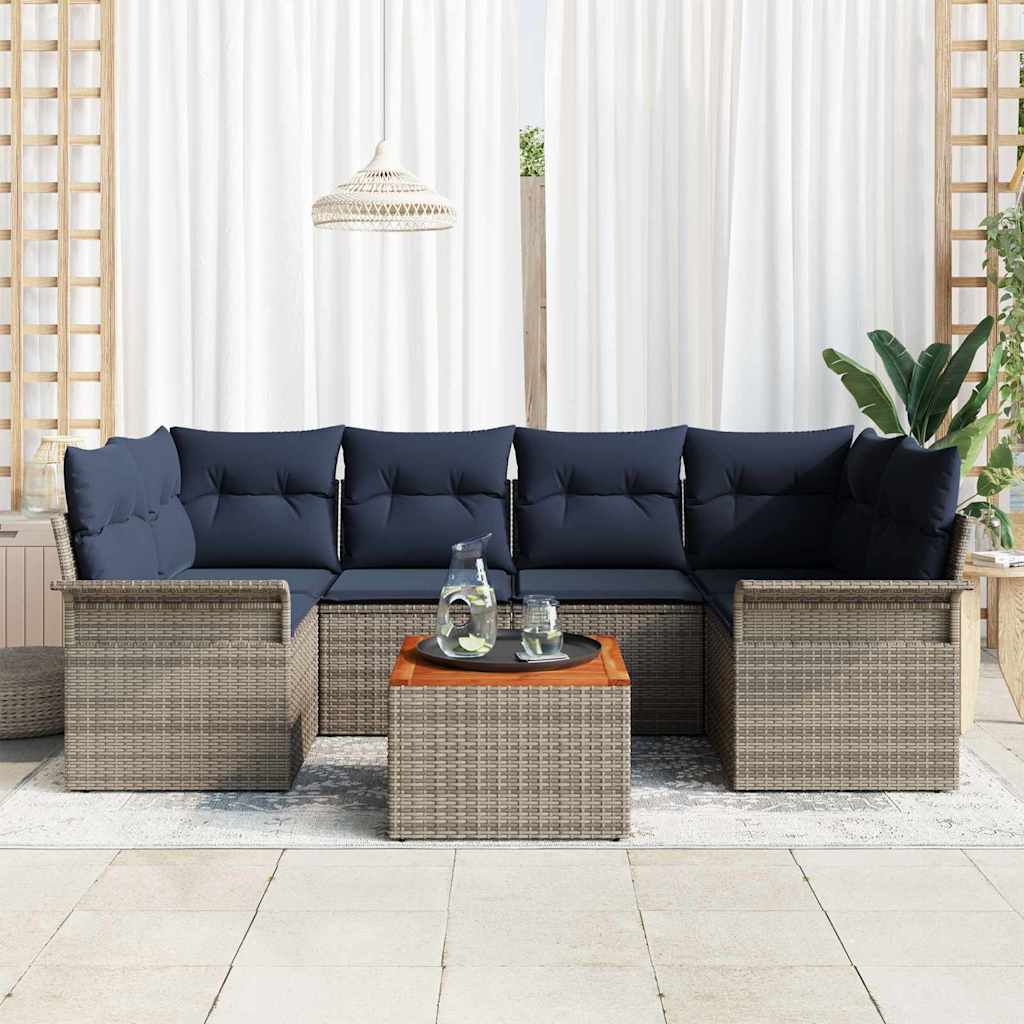 Havesofa Sæt 7 stk. 6-Antal sæder Grå og Marineblå polyrattan