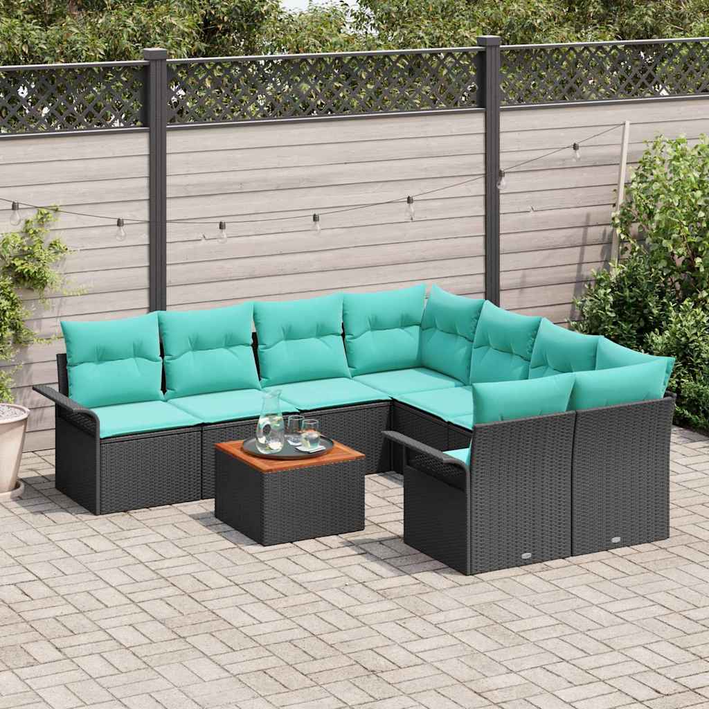 Havesofa Sæt 9 stk. 8-Antal sæder Sort og turkis polyrattan