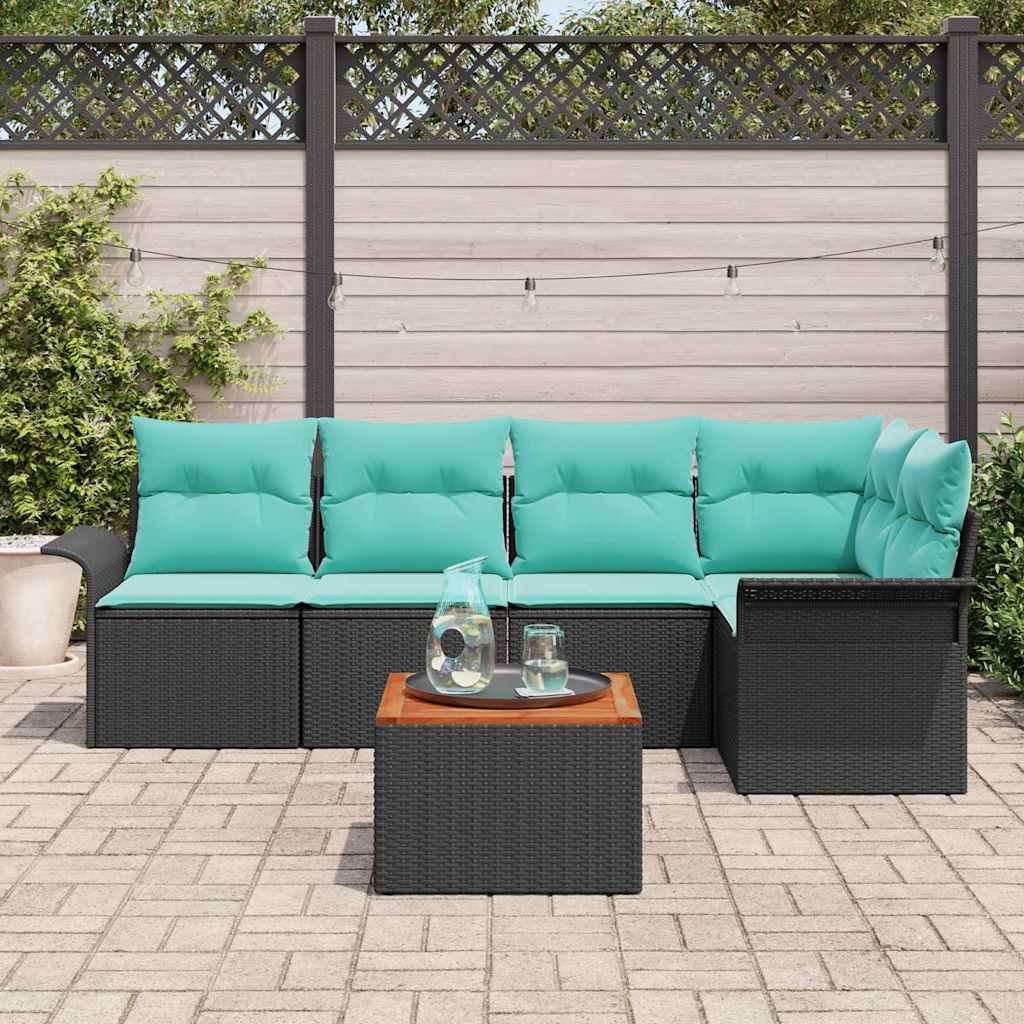 Havesofa Sæt 6 stk. 5-Antal sæder Sort og turkis polyrattan