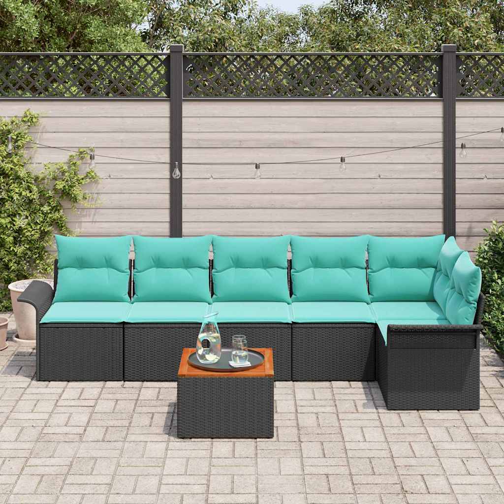 Havesofa Sæt 7 stk. 6-Antal sæder Sort og turkis polyrattan