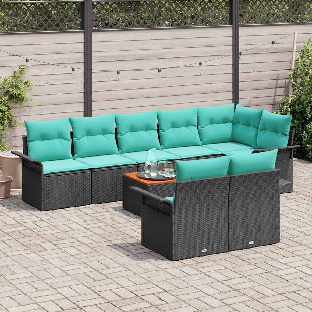 Havesofa Sæt 9 stk. 8-Antal sæder Sort og turkis polyrattan