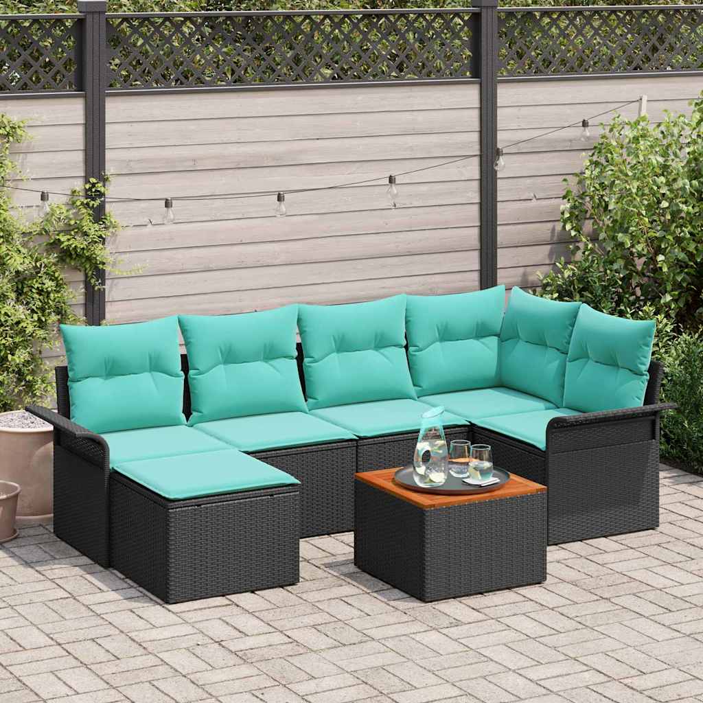 Havesofa Sæt 7 stk. Sort og turkis polyrattan