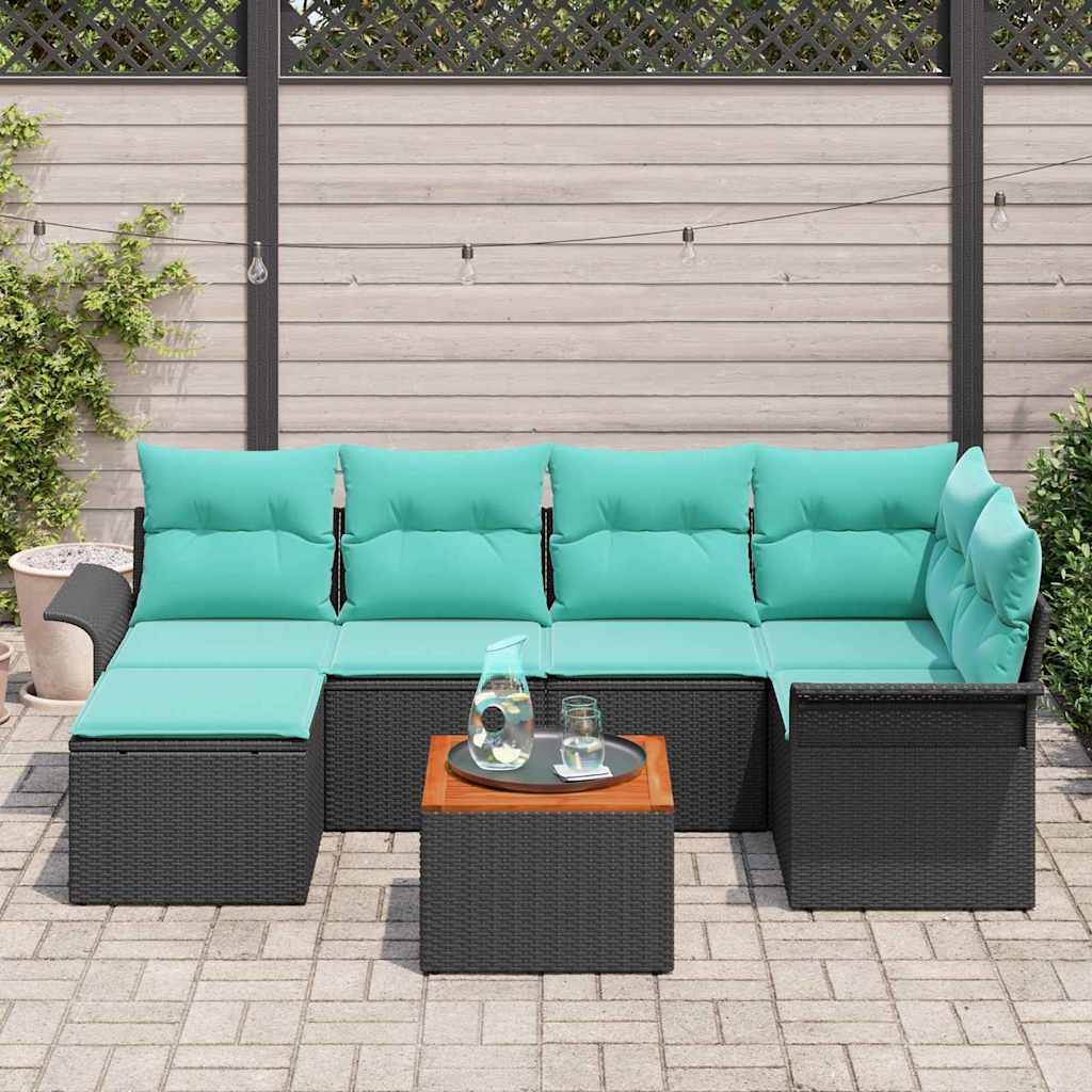 Havesofa Sæt 7 stk. Sort og turkis polyrattan