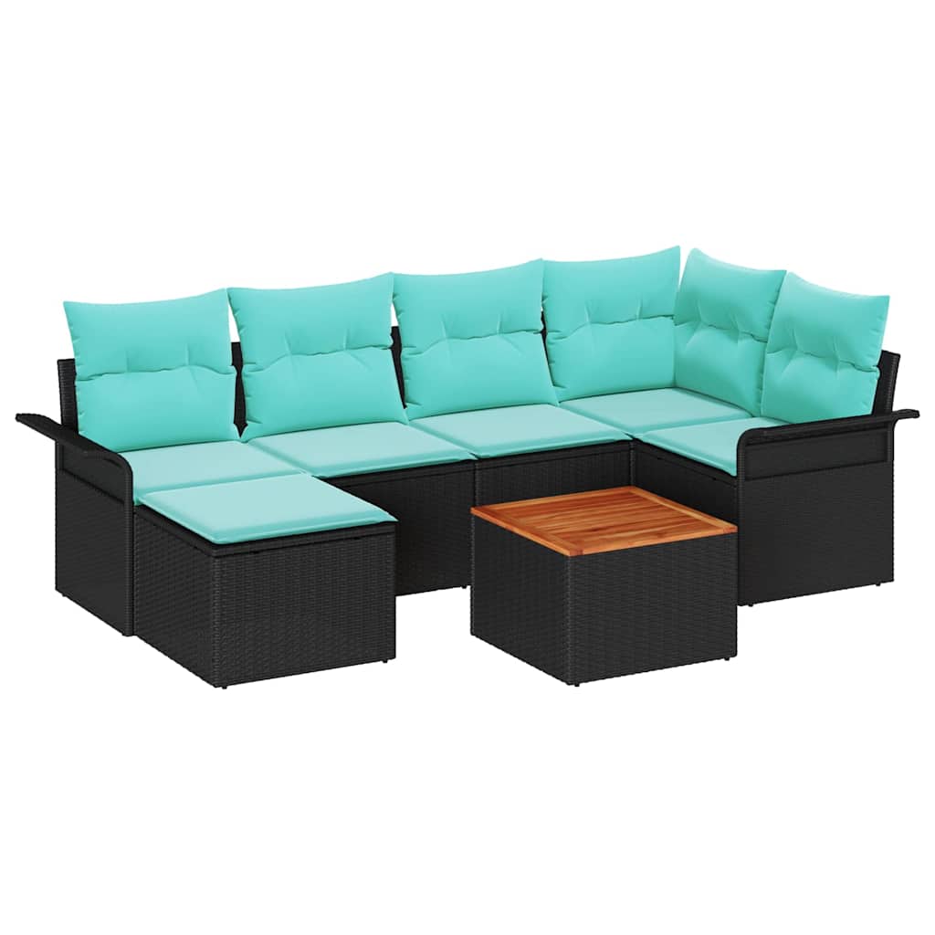 Havesofa Sæt 7 stk. Sort og turkis polyrattan