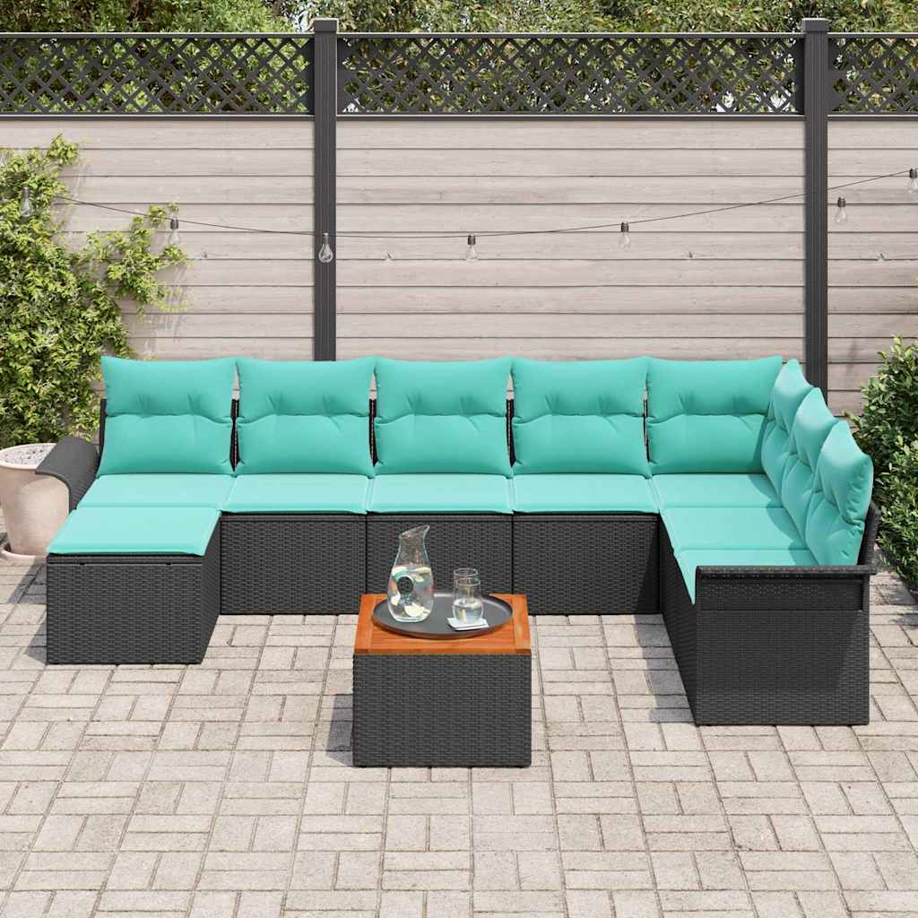 Havesofa Sæt 9 stk. Sort og turkis polyrattan