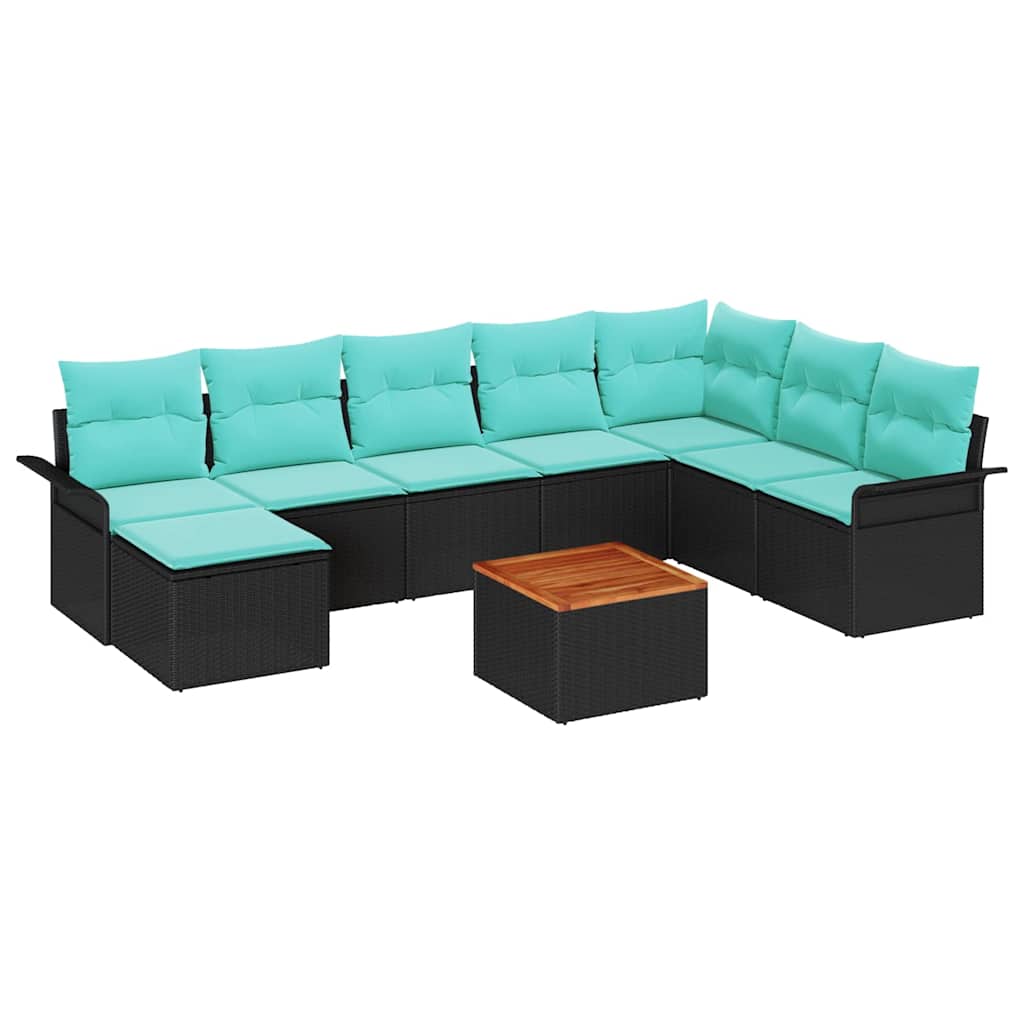 Havesofa Sæt 9 stk. Sort og turkis polyrattan