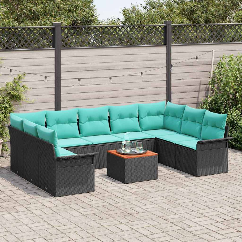 Havesofa Sæt 10 stk. 9-Antal sæder Sort og turkis polyrattan