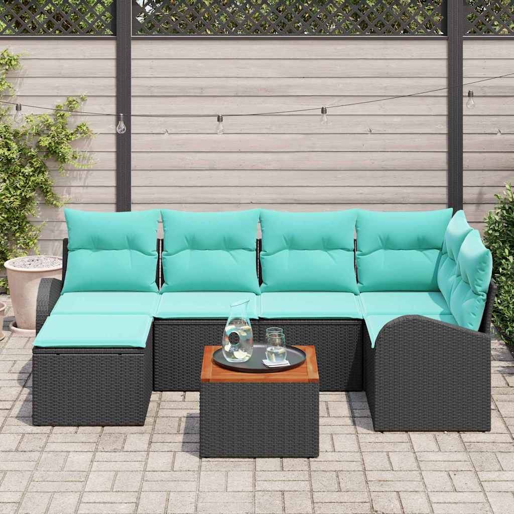Havesofa Sæt 7 stk. Sort og turkis polyrattan
