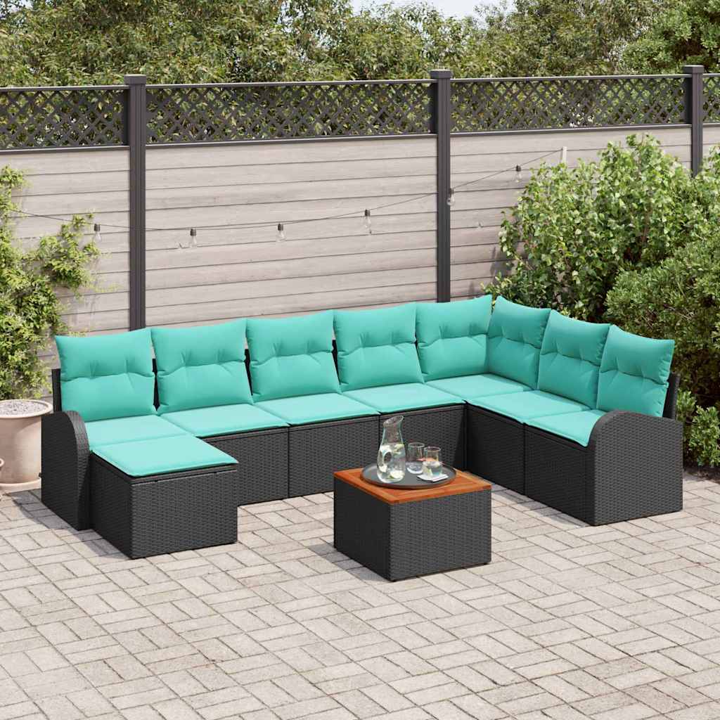 Havesofa Sæt 9 stk. Sort og turkis polyrattan