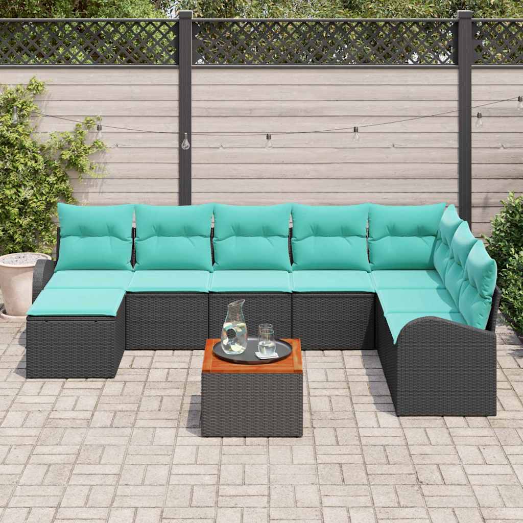 Havesofa Sæt 9 stk. Sort og turkis polyrattan