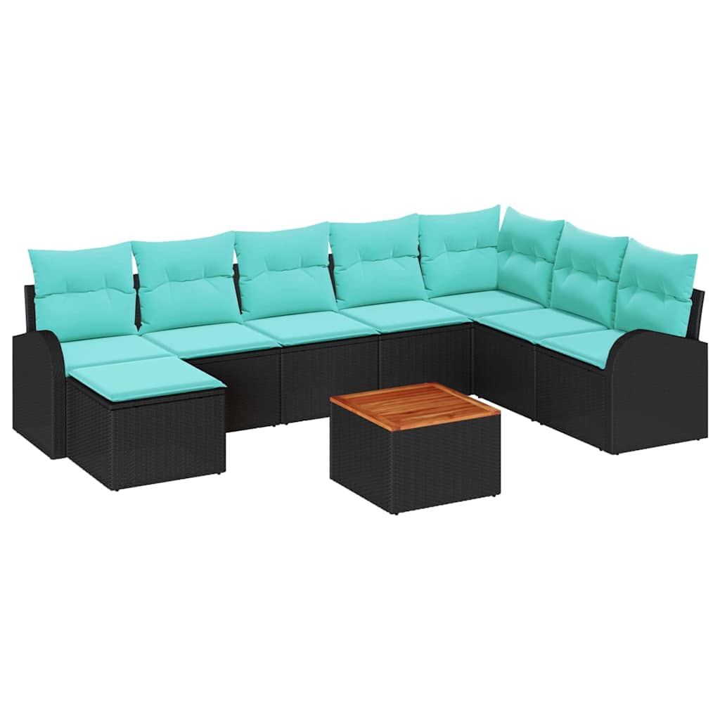 Havesofa Sæt 9 stk. Sort og turkis polyrattan
