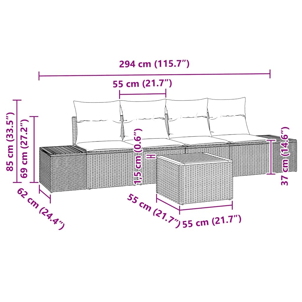 Havesofa Sæt 5 stk. Sort polyrattan