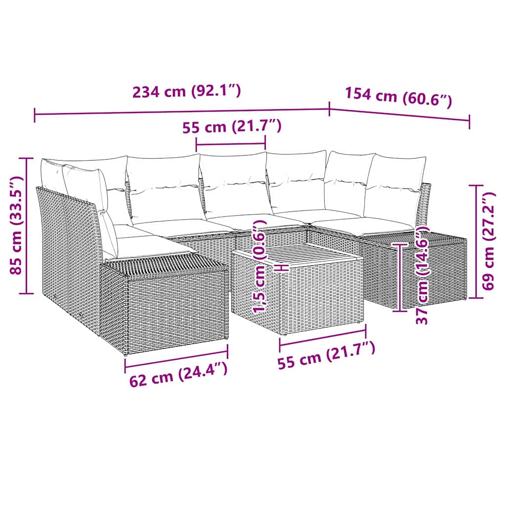 Havesofa Sæt 7 stk. Sort polyrattan