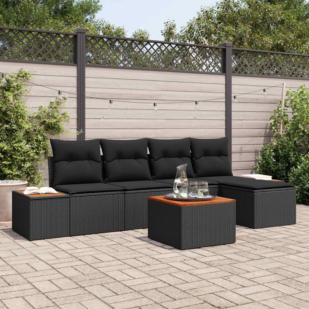 Havesofa Sæt 6 stk. 5-Antal sæder Sort Polyrattan